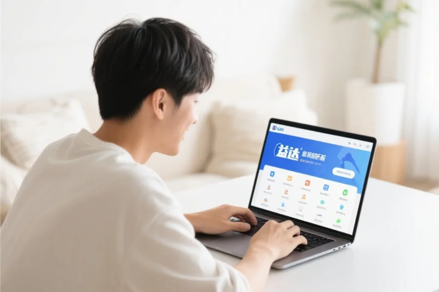 一位年轻用户在明亮舒适的室内环境中愉快地使用笔记本电脑，屏幕上展示安信15客户端新版界面